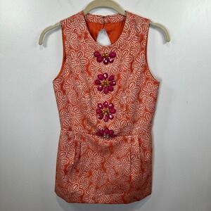 Claude Brown Sleeveless Top Floral Jewel Embellished Cutout Back Orange Size‎ 4